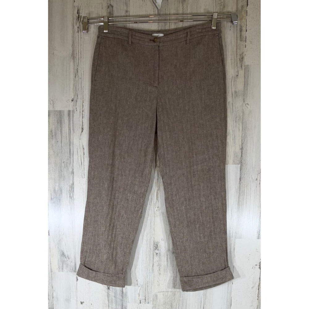 J Jill Cropped Pants 12 (fits 34x26) Brown Herringbone Linen Cotton Blend Cuffed